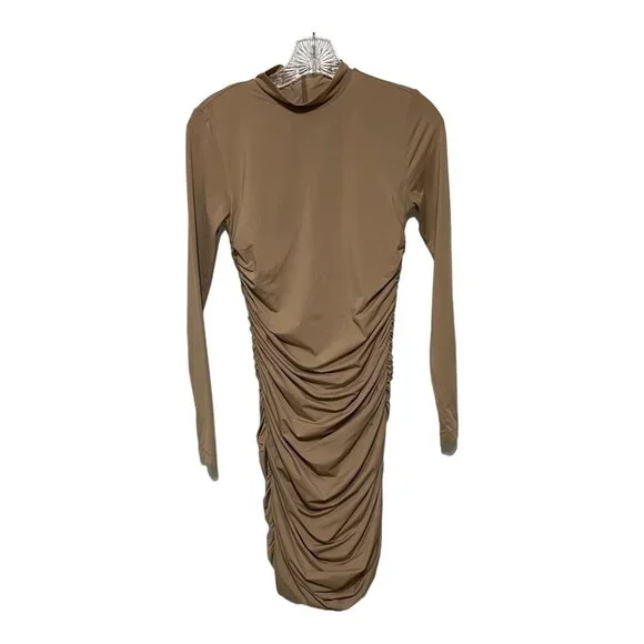 TEN by Babaton Small Tan Long Sleeve Mock Neck Ruch Detail Bodycon Dress - Picture 2 of 6